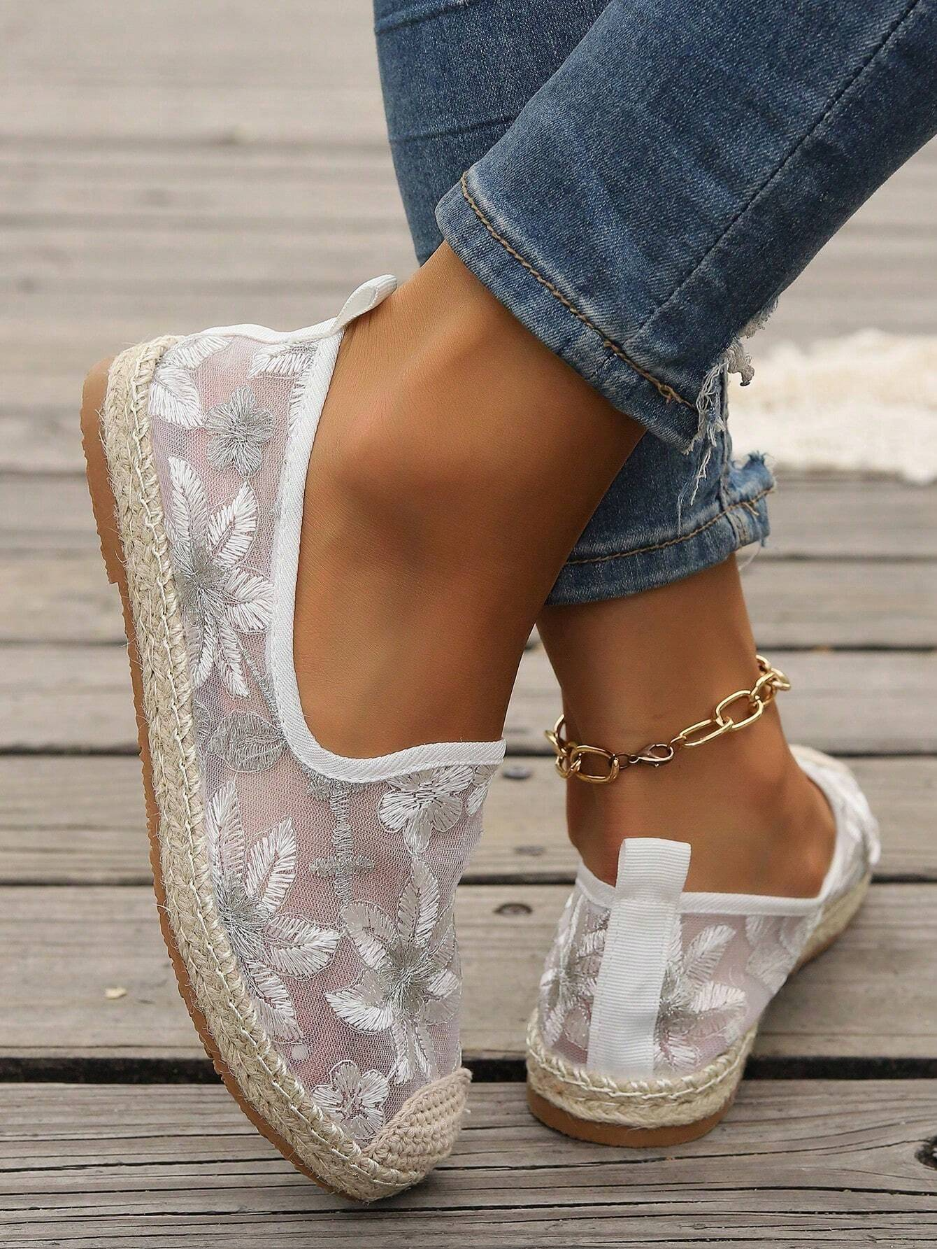 Mesh Floral Wedge Heel All Season Shallow Shoes