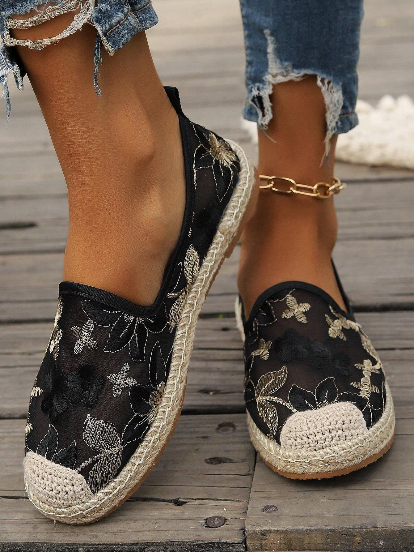 Mesh Floral Wedge Heel All Season Shallow Shoes