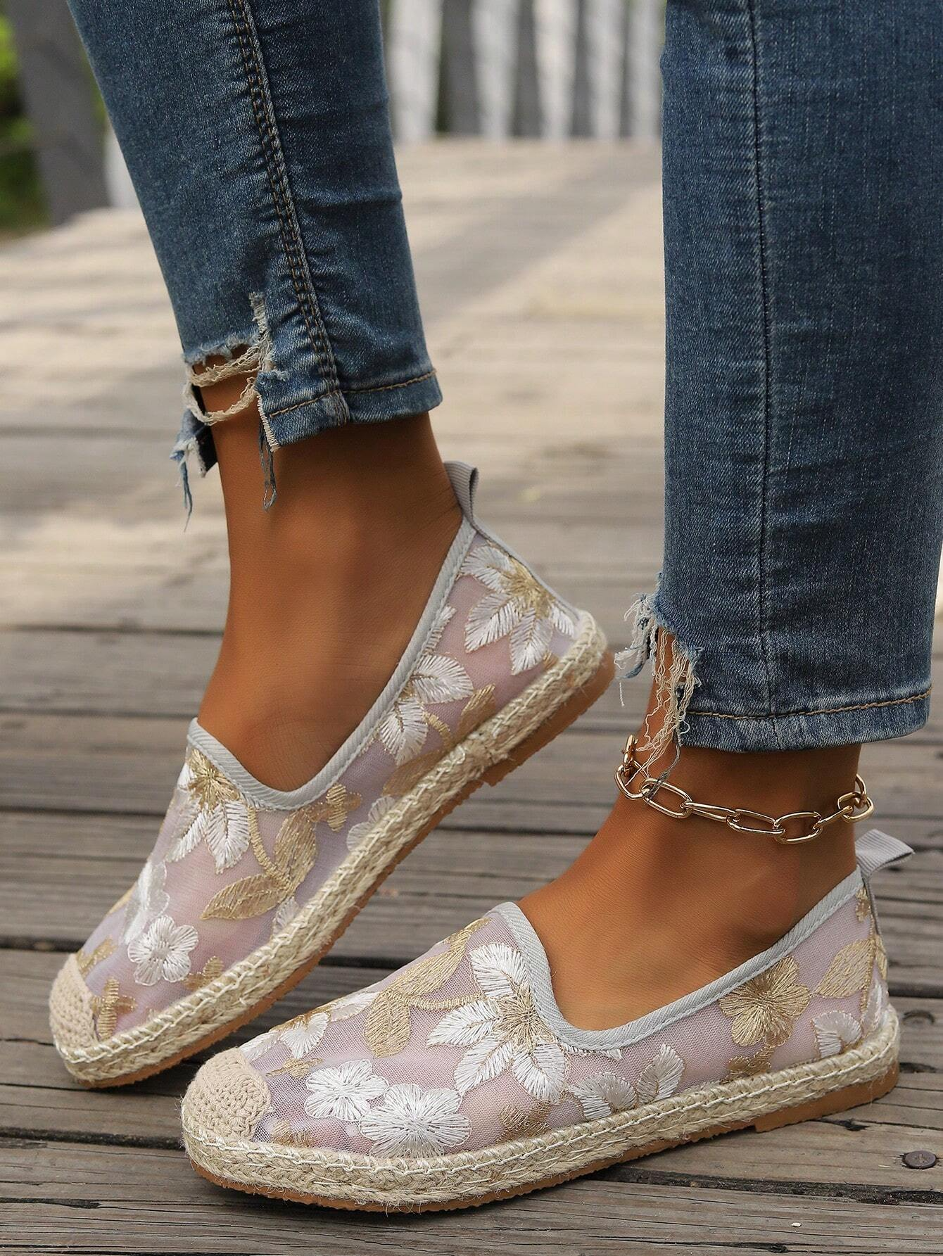 Mesh Floral Wedge Heel All Season Shallow Shoes