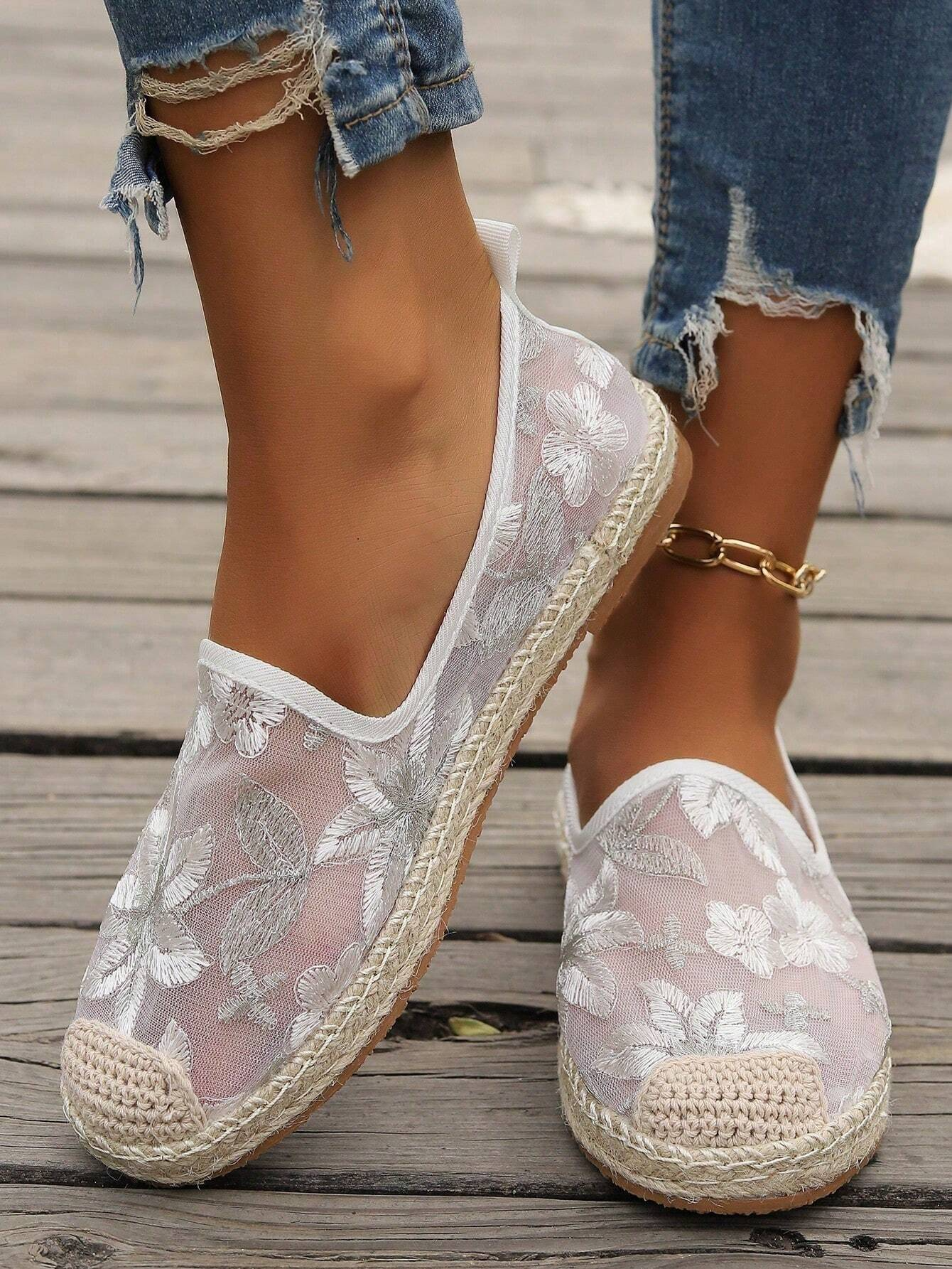 Mesh Floral Wedge Heel All Season Shallow Shoes