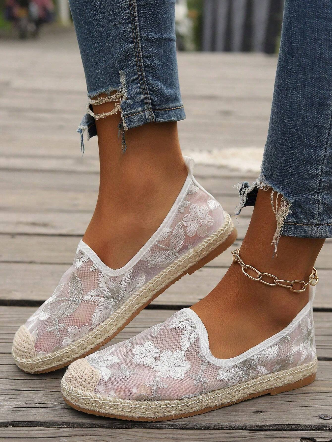 Mesh Floral Wedge Heel All Season Shallow Shoes