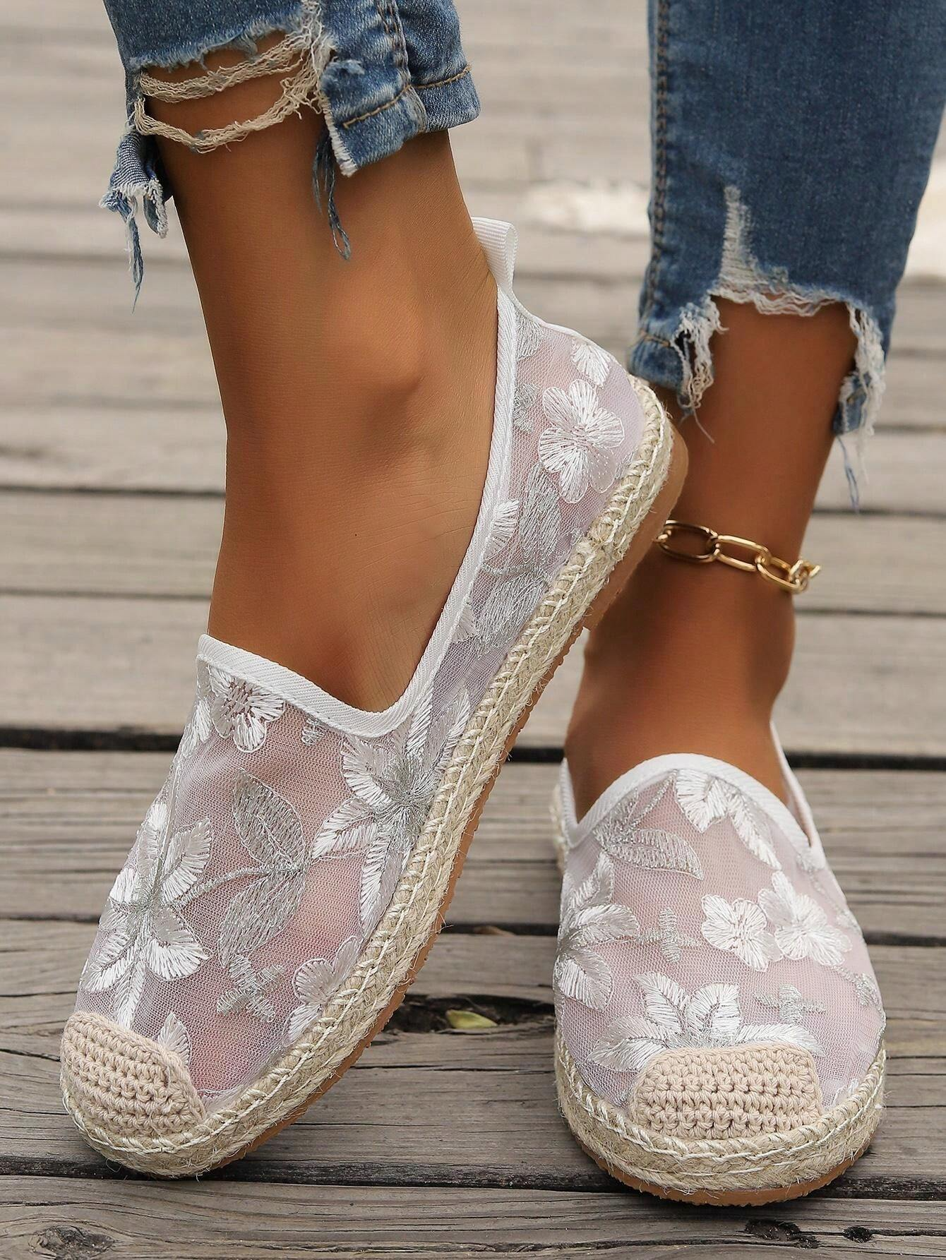 Mesh Floral Wedge Heel All Season Shallow Shoes