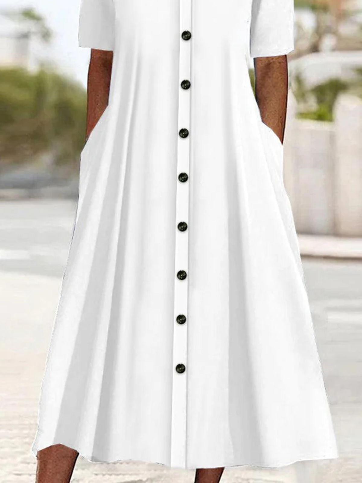 Women's Short Sleeve Summer Plain Buckle Cotton V Neck Daily Going Out Casual Midi A-Line White Dress