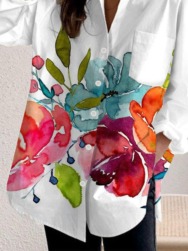 Women's Long Sleeve Shirt Spring/Fall Floral Shirt Collar Daily Going Out Casual Top White