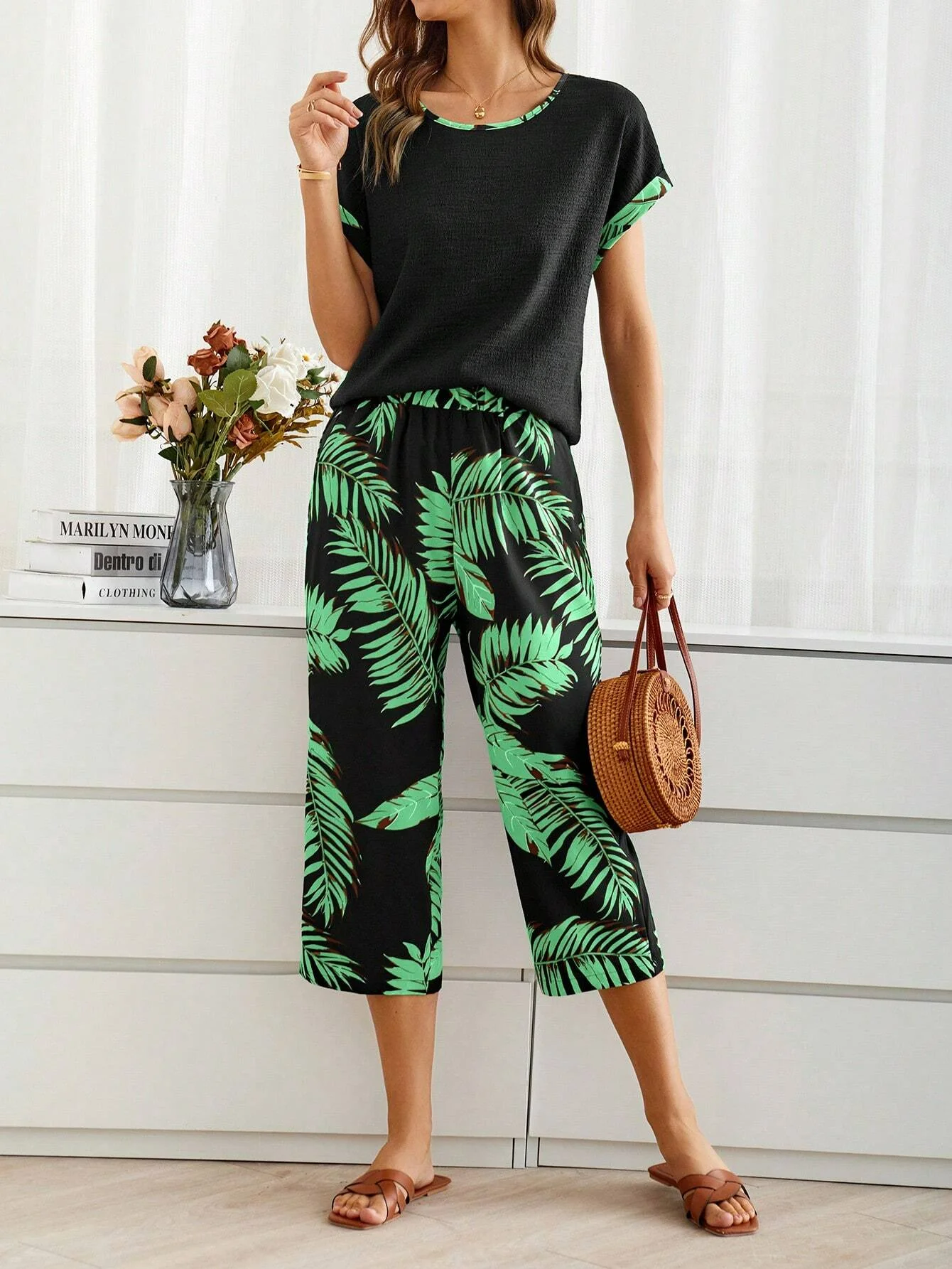 Women's Palm Leaf Daily Going Out Two Piece Set Short Sleeve Casual Summer Top With Pants Matching Set Black