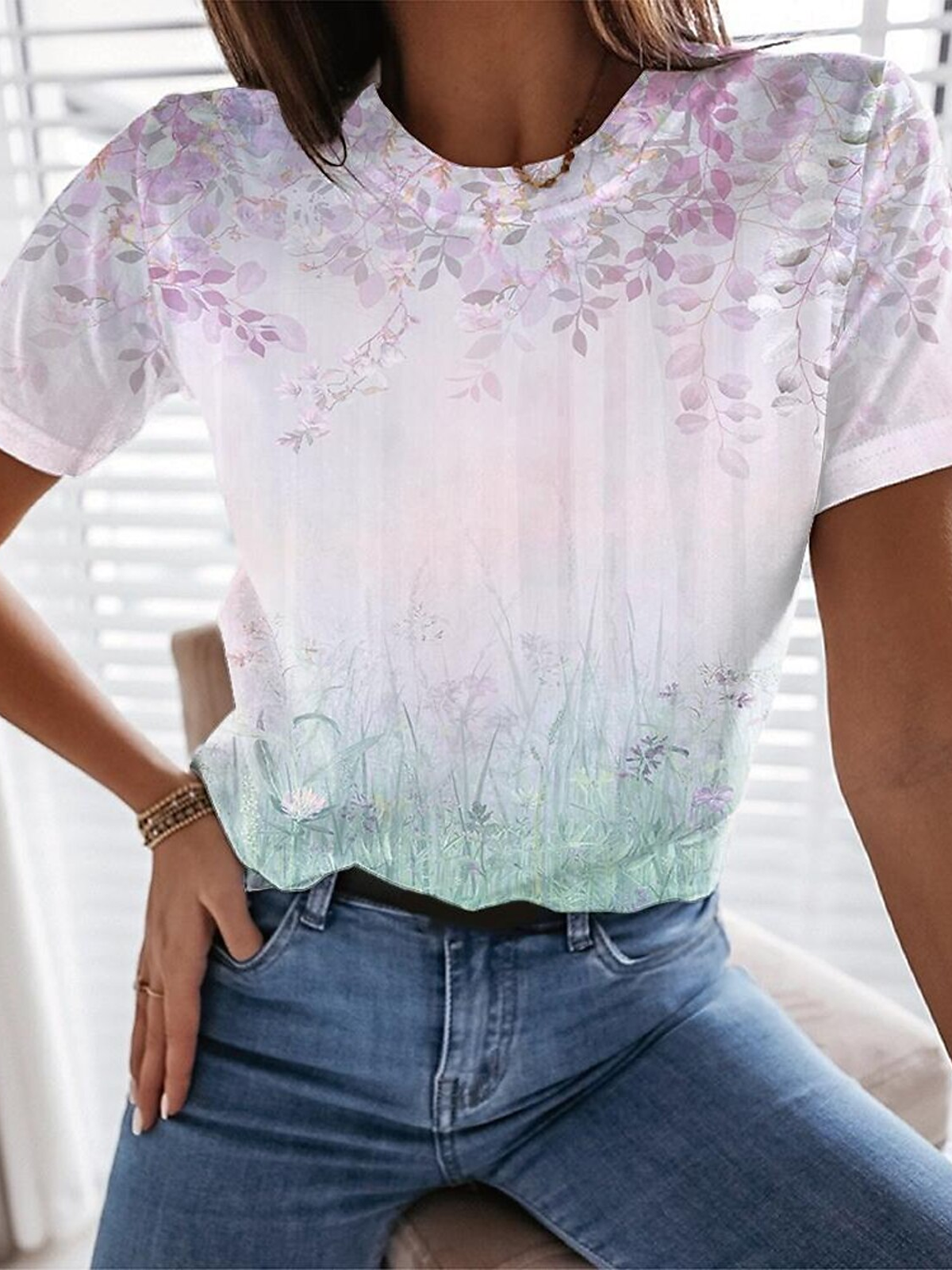 Women's Short Sleeve Tee T-shirt Summer Leaf Crew Neck Casual Top