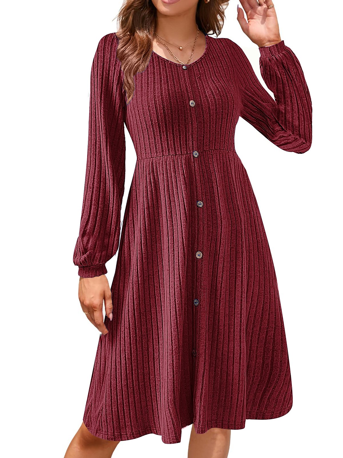 Women's Long Sleeve Summer Plain Dress Crew Neck Balloon Sleeve Daily Going Out Casual Knee Length A-Line