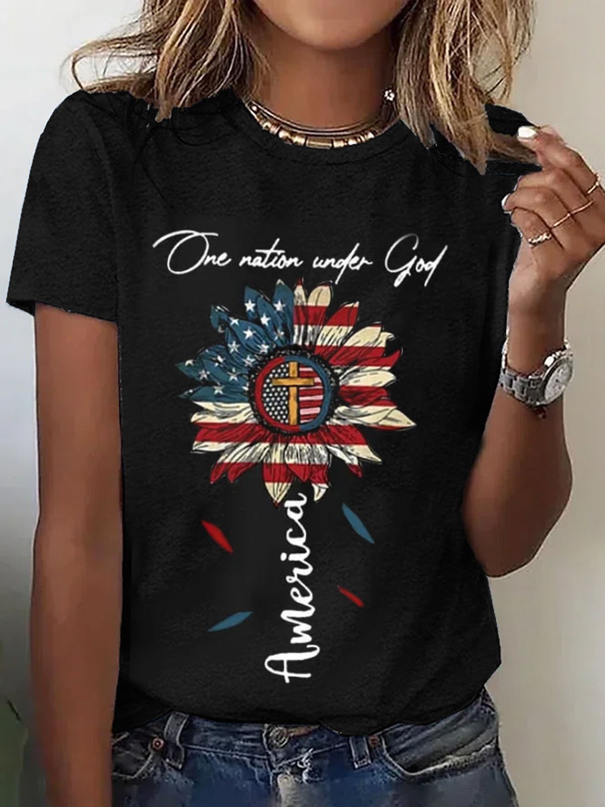 Women's Short Sleeve Tee T-shirt Summer America Flag Cotton Crew Neck Daily Going Out Casual Top Black