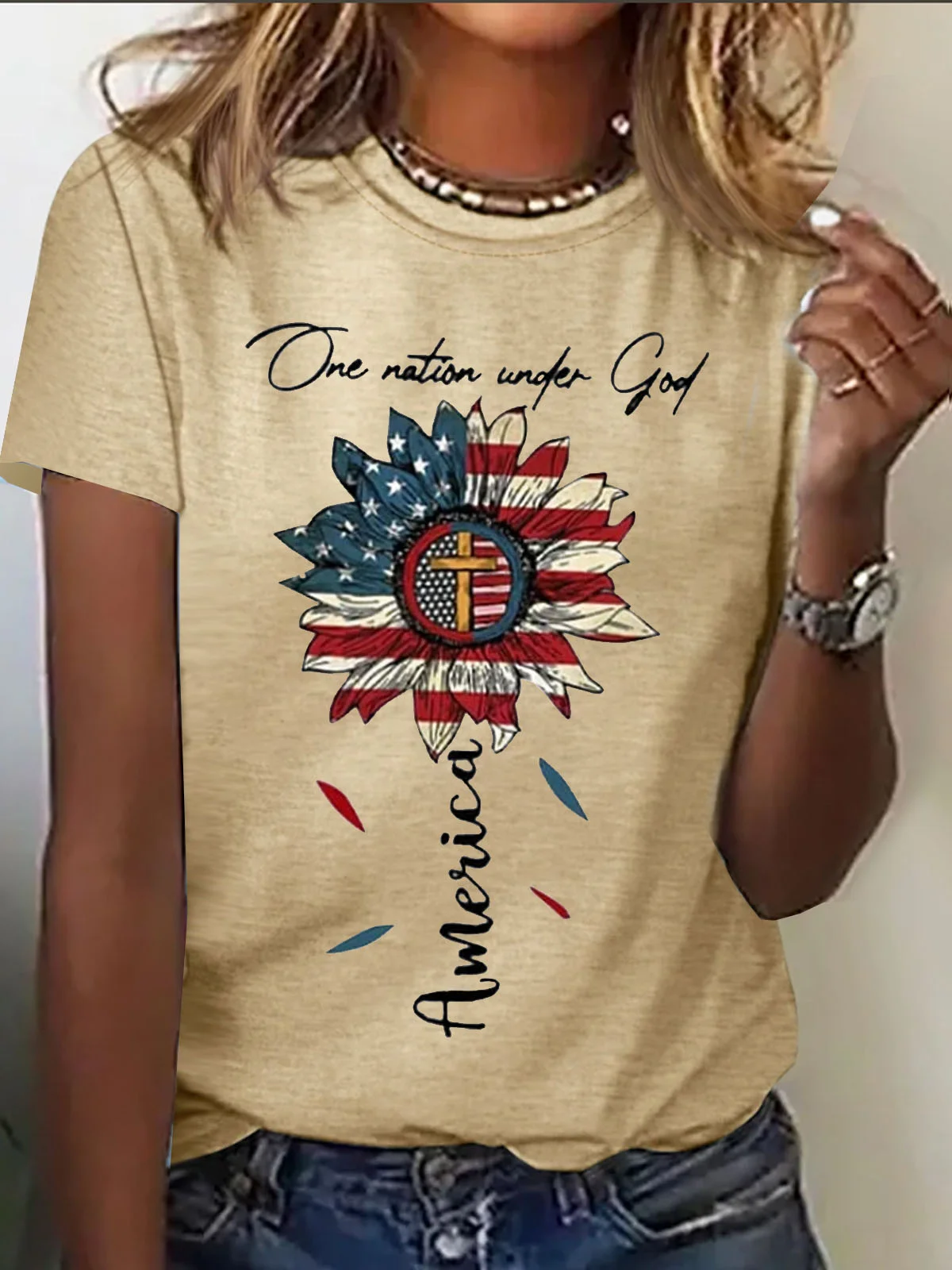 Women's Short Sleeve Tee T-shirt Summer America Flag Cotton Crew Neck Daily Going Out Casual Top Black