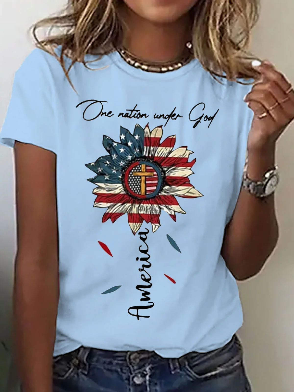 Women's Short Sleeve Tee T-shirt Summer America Flag Cotton Crew Neck Daily Going Out Casual Top Black