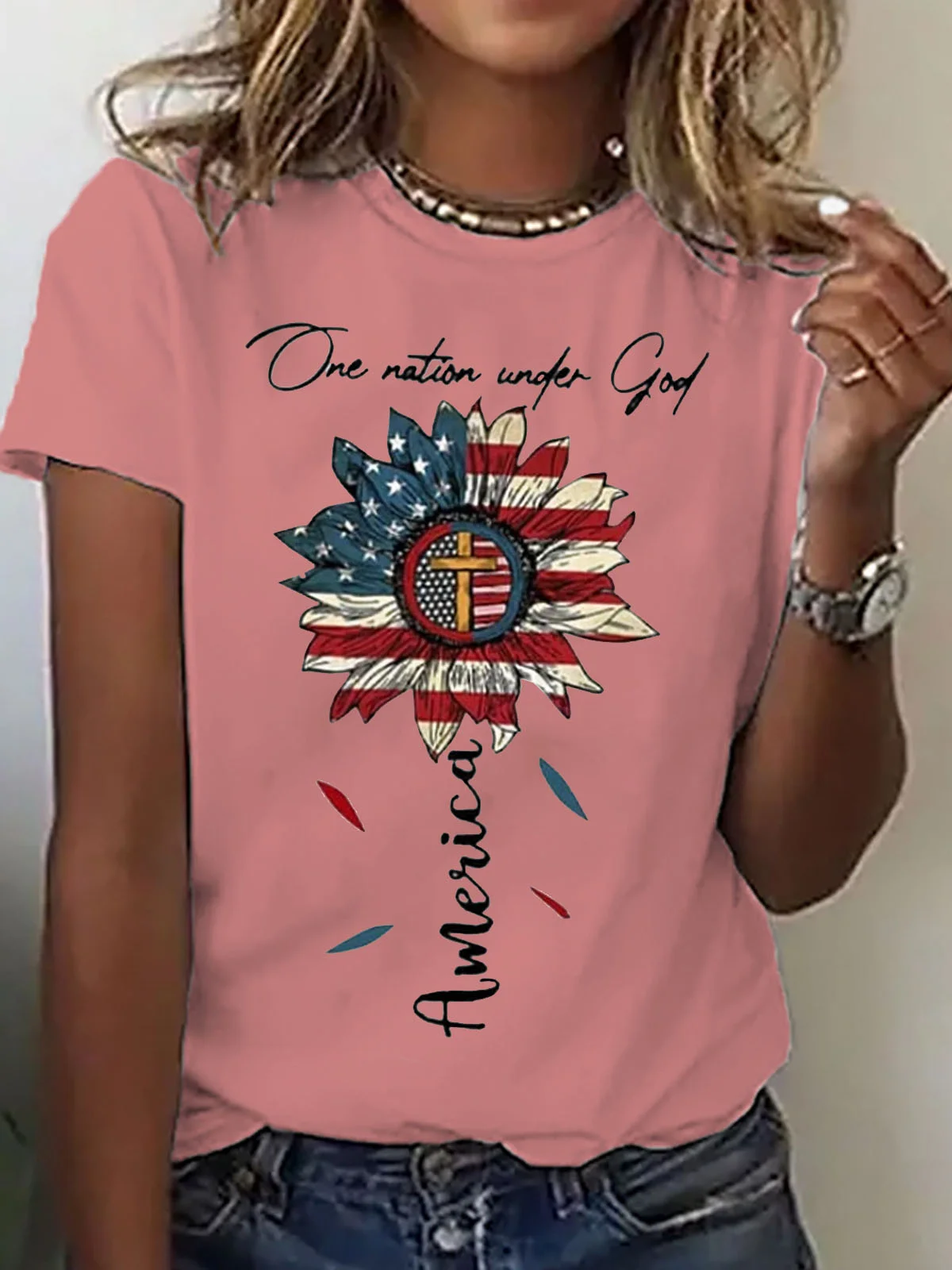 Women's Short Sleeve Tee T-shirt Summer America Flag Cotton Crew Neck Daily Going Out Casual Top Black