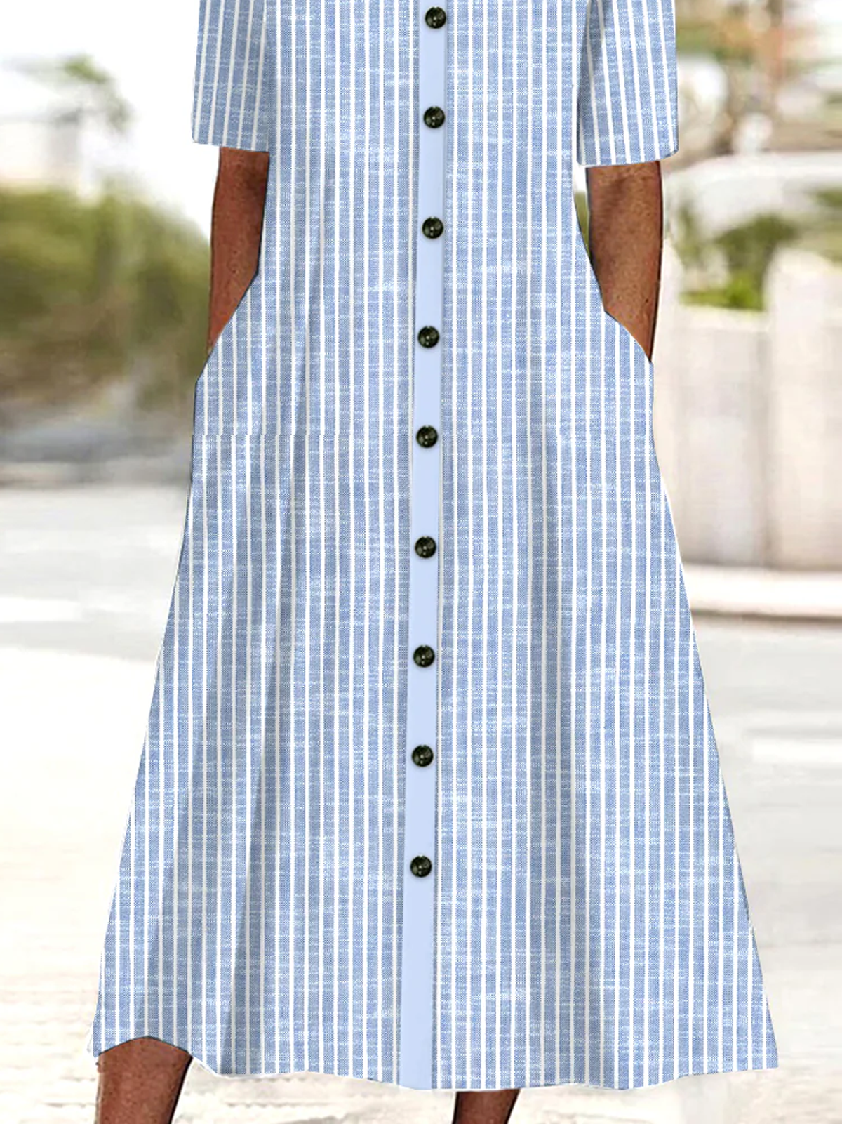 Women's Short Sleeve Summer Striped Buckle Cotton Dress V Neck Daily Going Out Casual Midi A-Line Blue