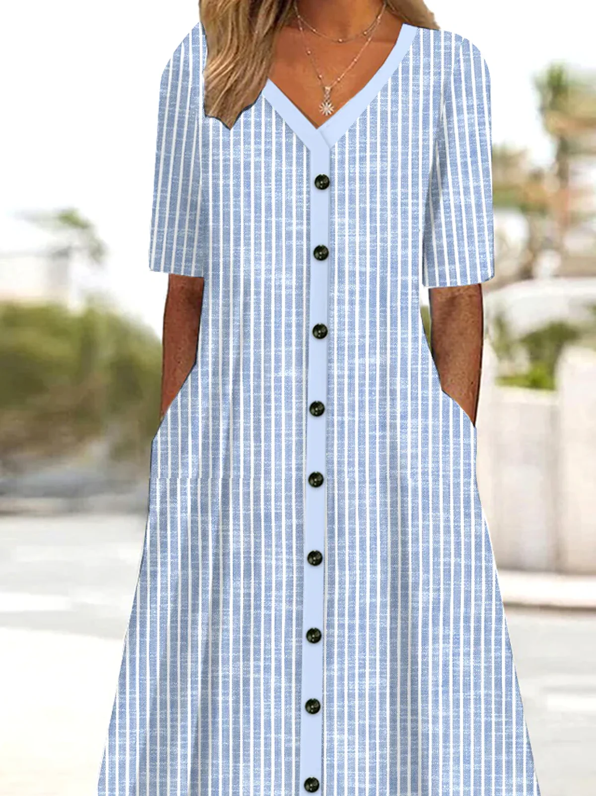 Women's Short Sleeve Summer Striped Buckle Cotton Dress V Neck Daily Going Out Casual Midi A-Line Blue