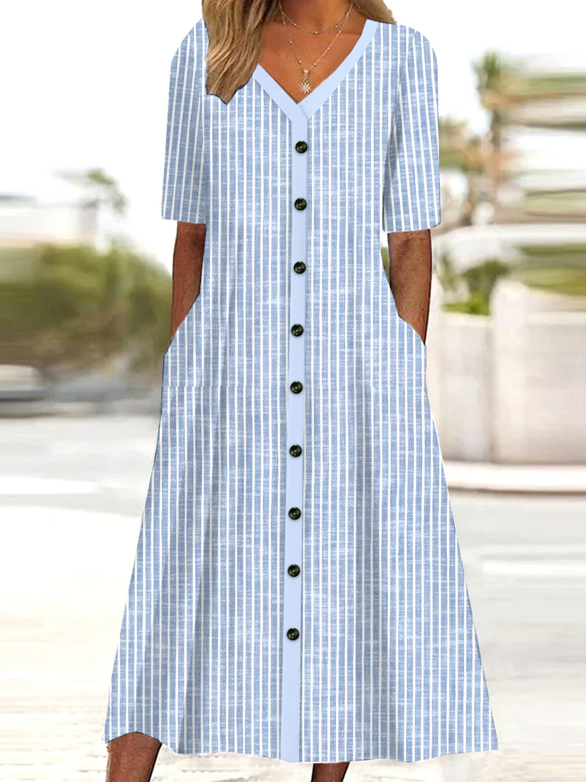 Women's Short Sleeve Summer Striped Buckle Cotton Dress V Neck Daily Going Out Casual Midi A-Line Blue