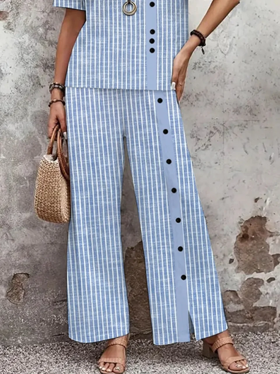 Women's Cotton And Linen Striped Daily Going Out Two Piece Set Short Sleeve Casual Summer Top With Pants Matching Set Blue