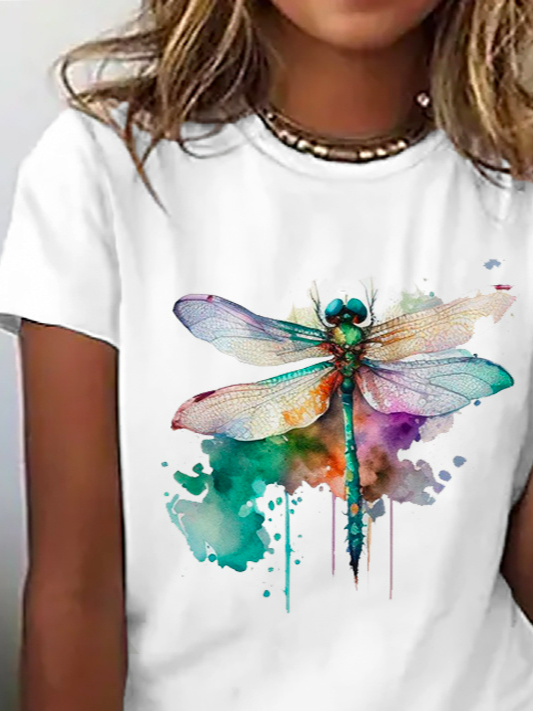 Plus Size Loose Dragonfly Casual Cotton T-Shirt