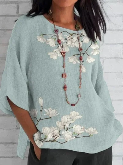 Women's Half Sleeve Shirt Summer Floral Crew Neck Daily Going Out Casual Top Green