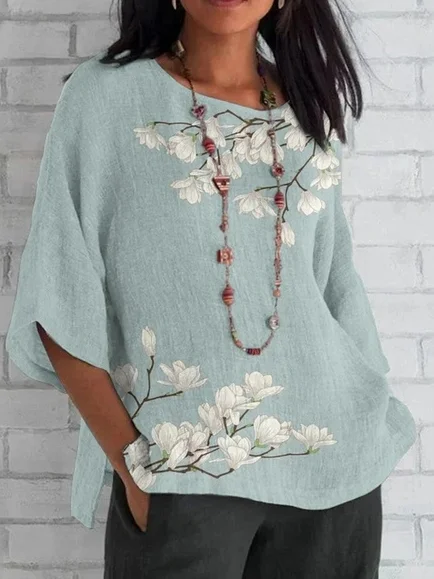 Women's Half Sleeve Shirt Summer Floral Crew Neck Daily Going Out Casual Top Green