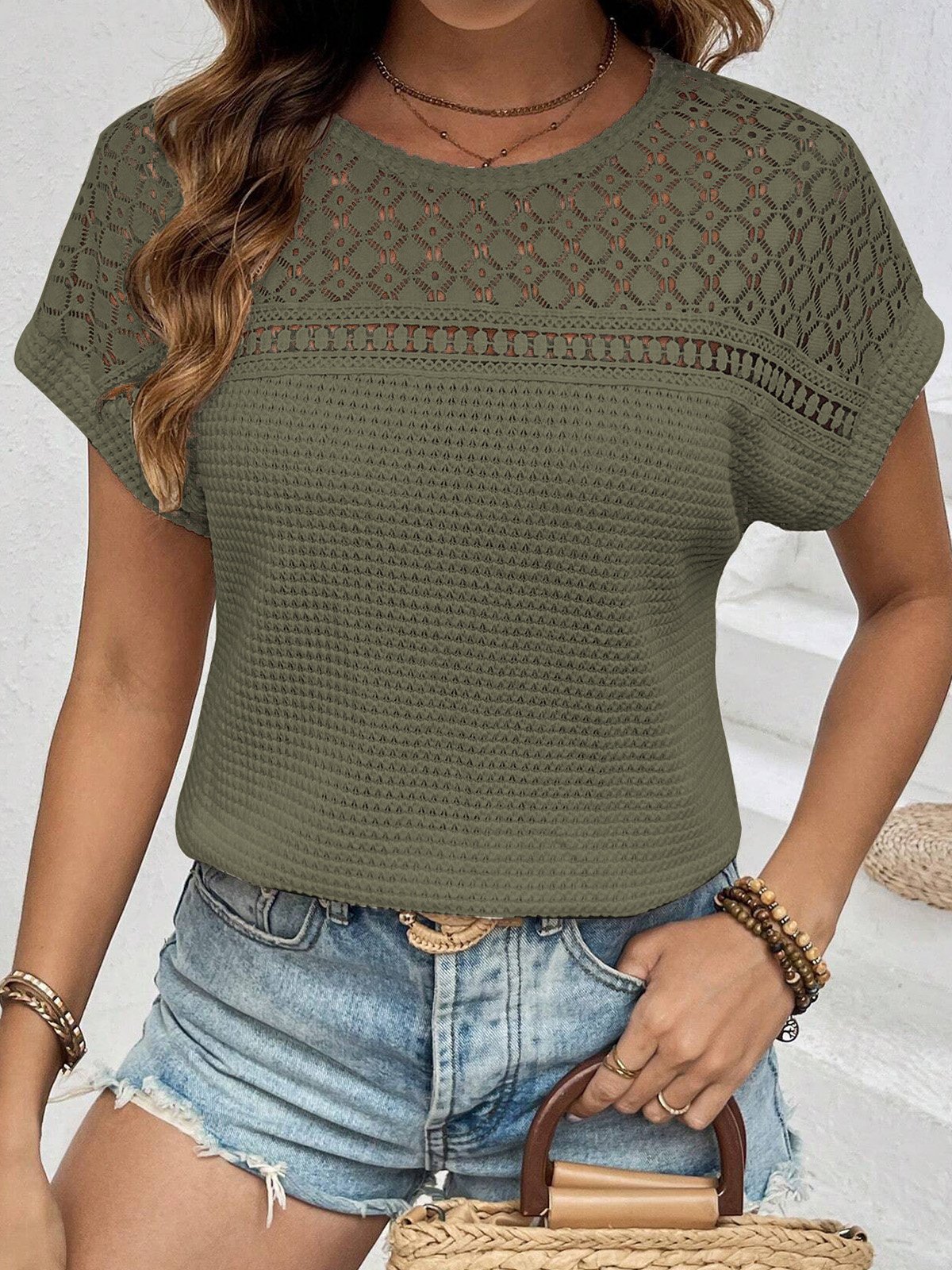 Women Plain Short Sleeve Blouse Summer Crew Neck Daily Casual Top