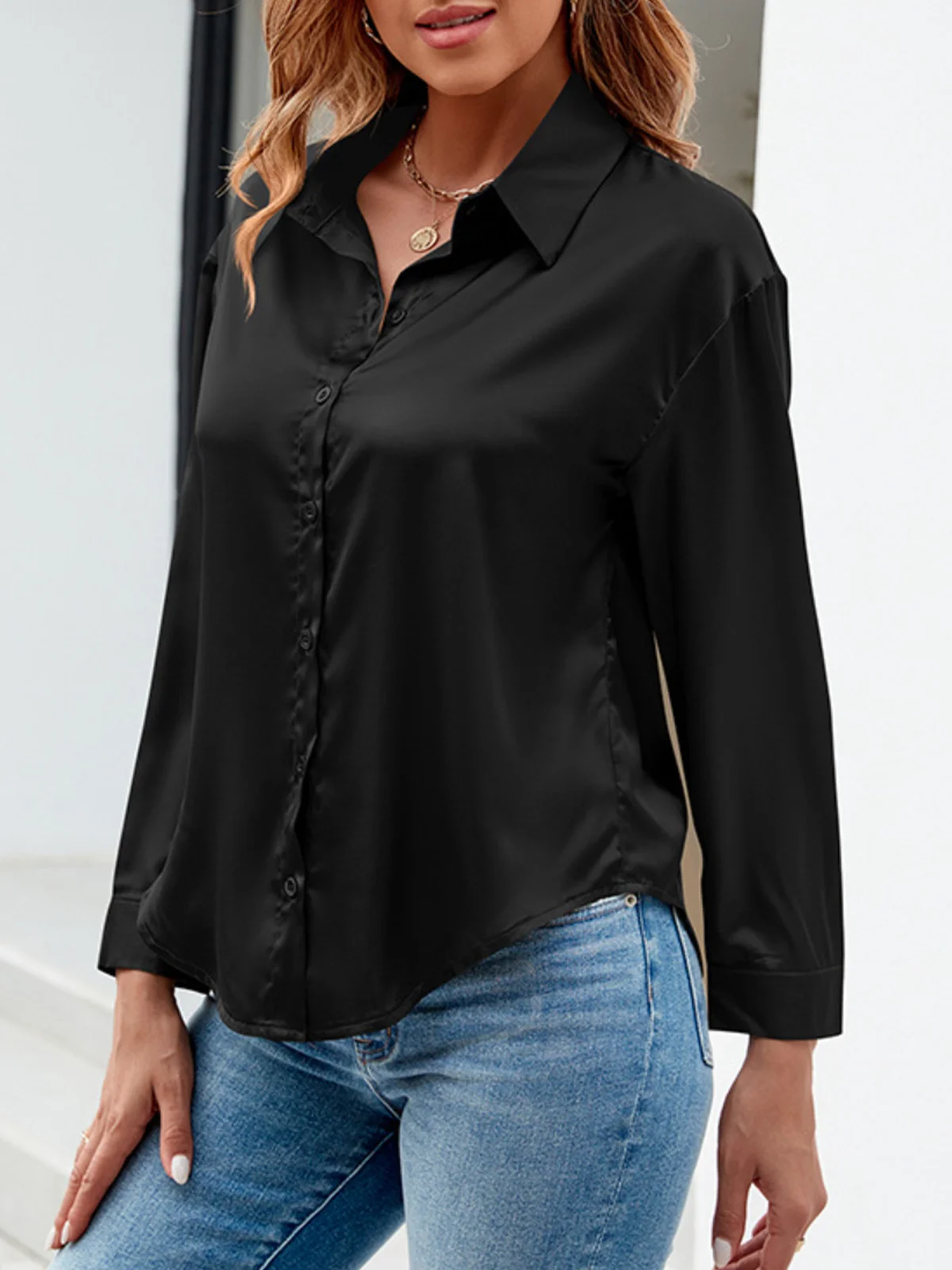 Women's Long Sleeve Shirt Spring/Fall Plain Buckle Shirt Collar Daily Going Out Casual Top Black