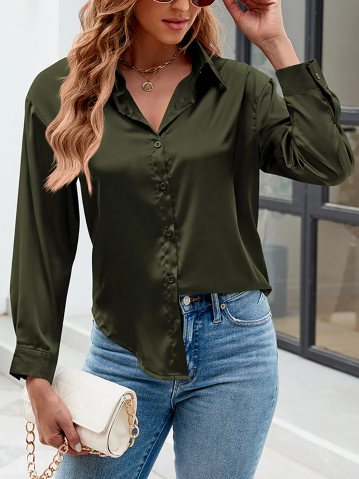 Women's Long Sleeve Shirt Spring/Fall Plain Buckle Shirt Collar Daily Going Out Casual Top Black