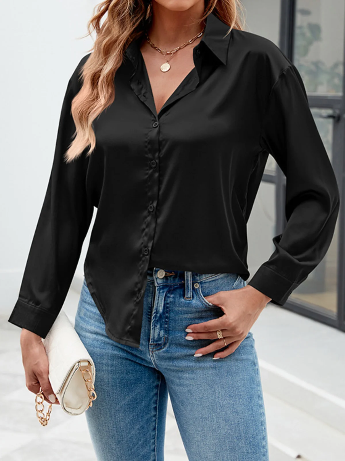 Women's Long Sleeve Shirt Spring/Fall Plain Buckle Shirt Collar Daily Going Out Casual Top Black