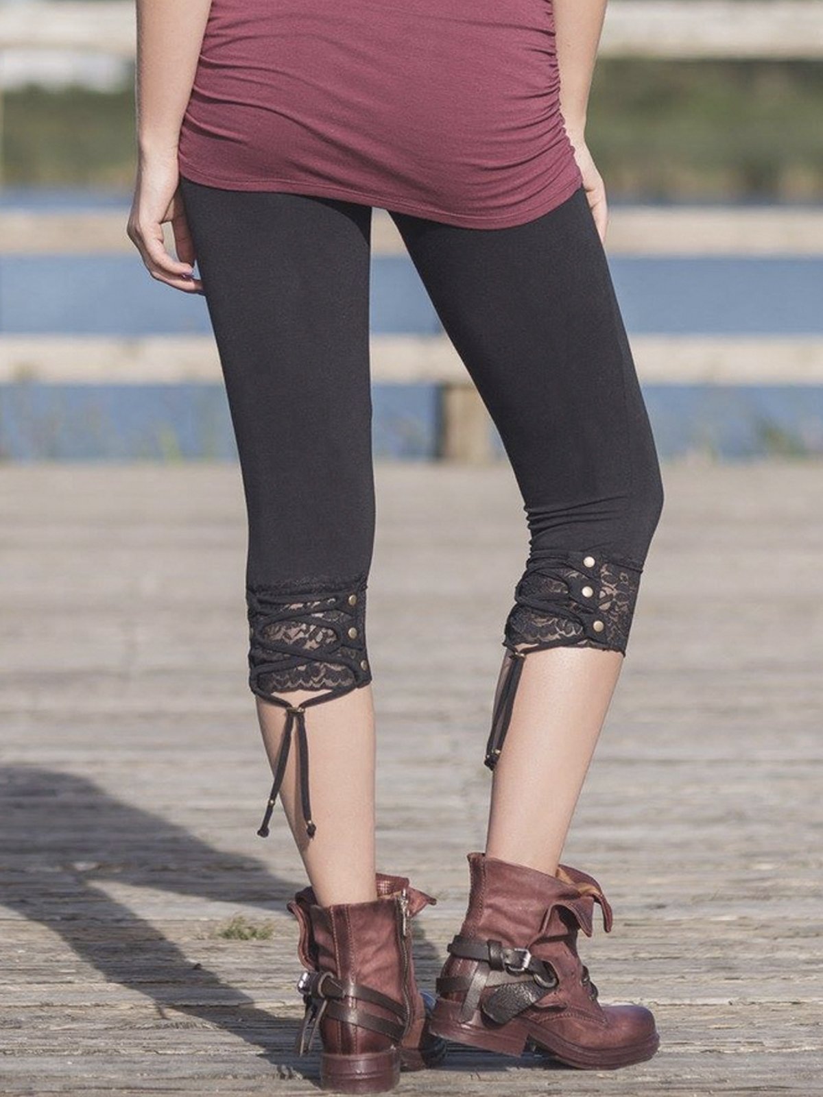 Women's Elastic Waist Casual Plain Jersey Summer Lace-up Capris Leggings