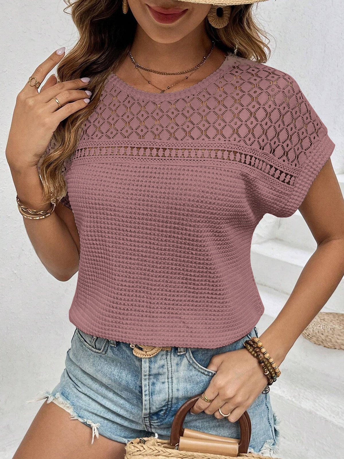 Women Plain Short Sleeve Blouse Summer Crew Neck Daily Casual Top