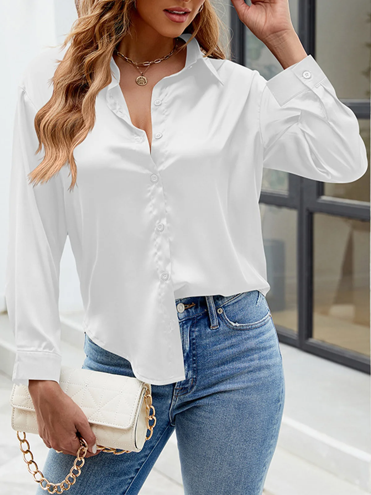 Women's Long Sleeve Shirt Spring/Fall Plain Buckle Shirt Collar Daily Going Out Casual Top Black