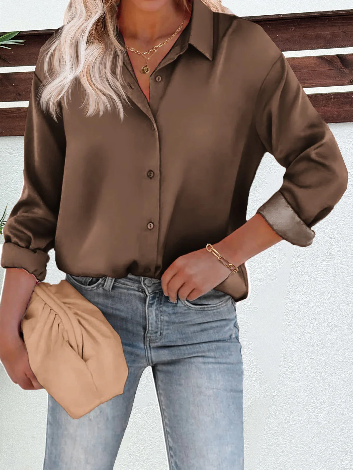 Women's Long Sleeve Shirt Spring/Fall Plain Buckle Shirt Collar Daily Going Out Casual Top Black