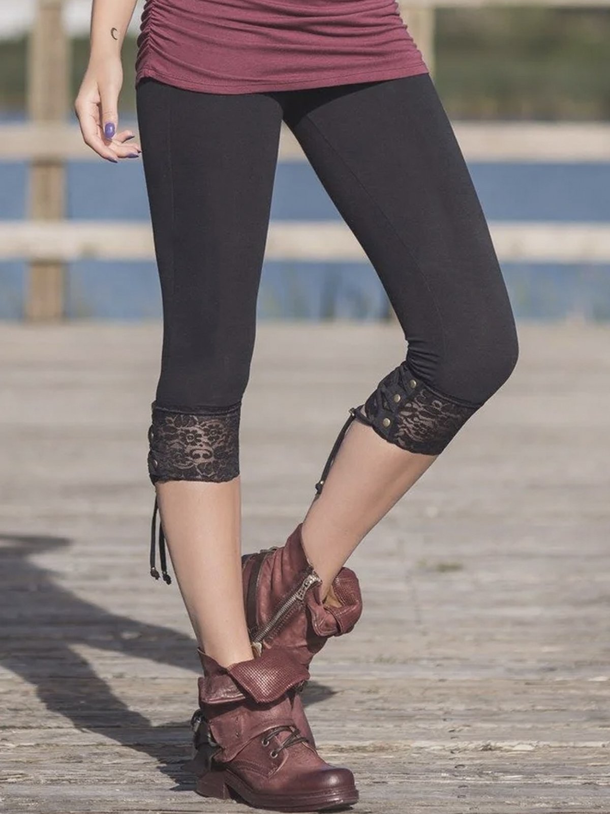 Women's Elastic Waist Casual Plain Jersey Summer Lace-up Capris Leggings