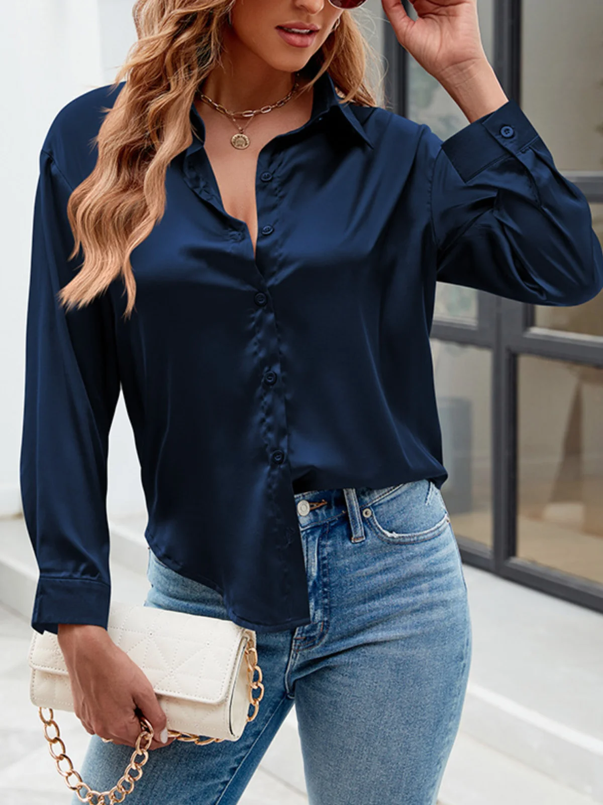 Women's Long Sleeve Shirt Spring/Fall Plain Buckle Shirt Collar Daily Going Out Casual Top Black