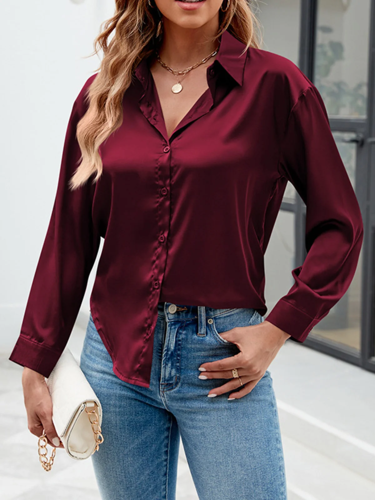 Women's Long Sleeve Shirt Spring/Fall Plain Buckle Shirt Collar Daily Going Out Casual Top Black