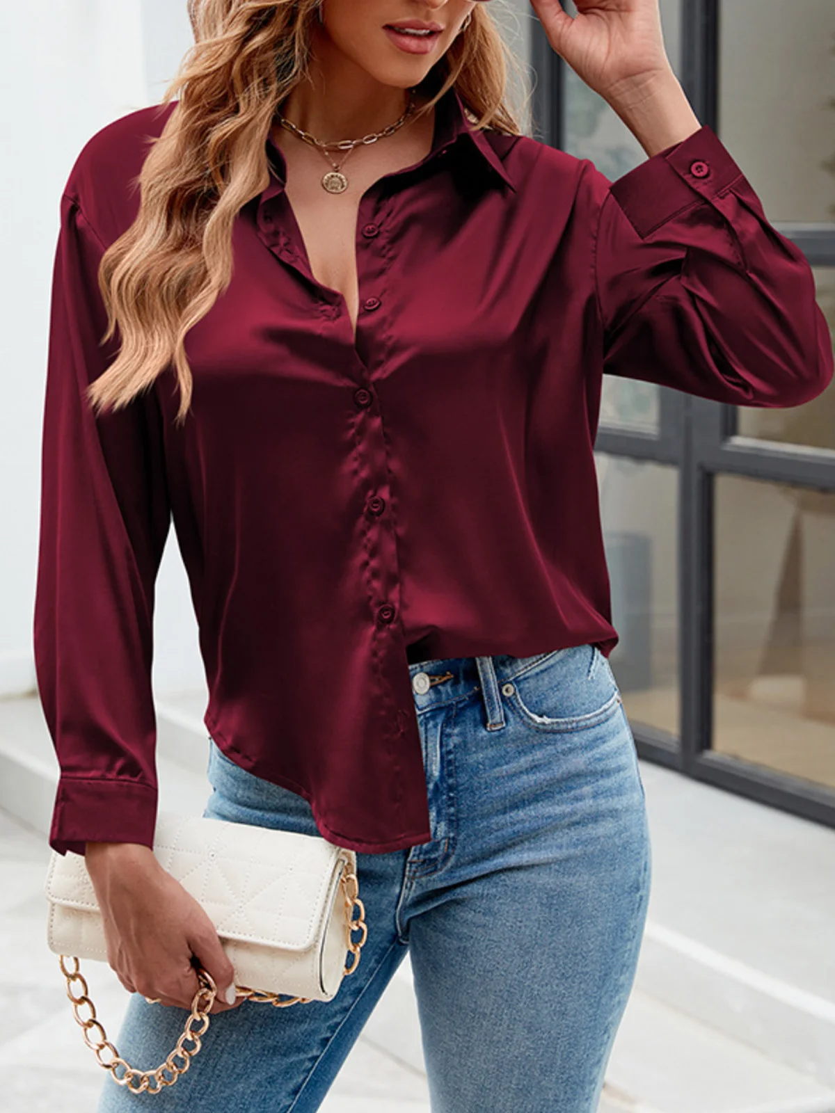 Women's Long Sleeve Shirt Spring/Fall Plain Buckle Shirt Collar Daily Going Out Casual Top Black