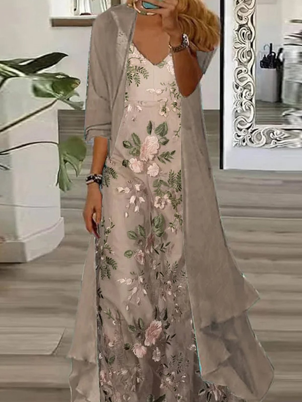 Women's Floral Daily Going Out Two Piece Set Three Quarter Sleeve Casual Spring/Fall Coat With Skirt Matching Set Khaki