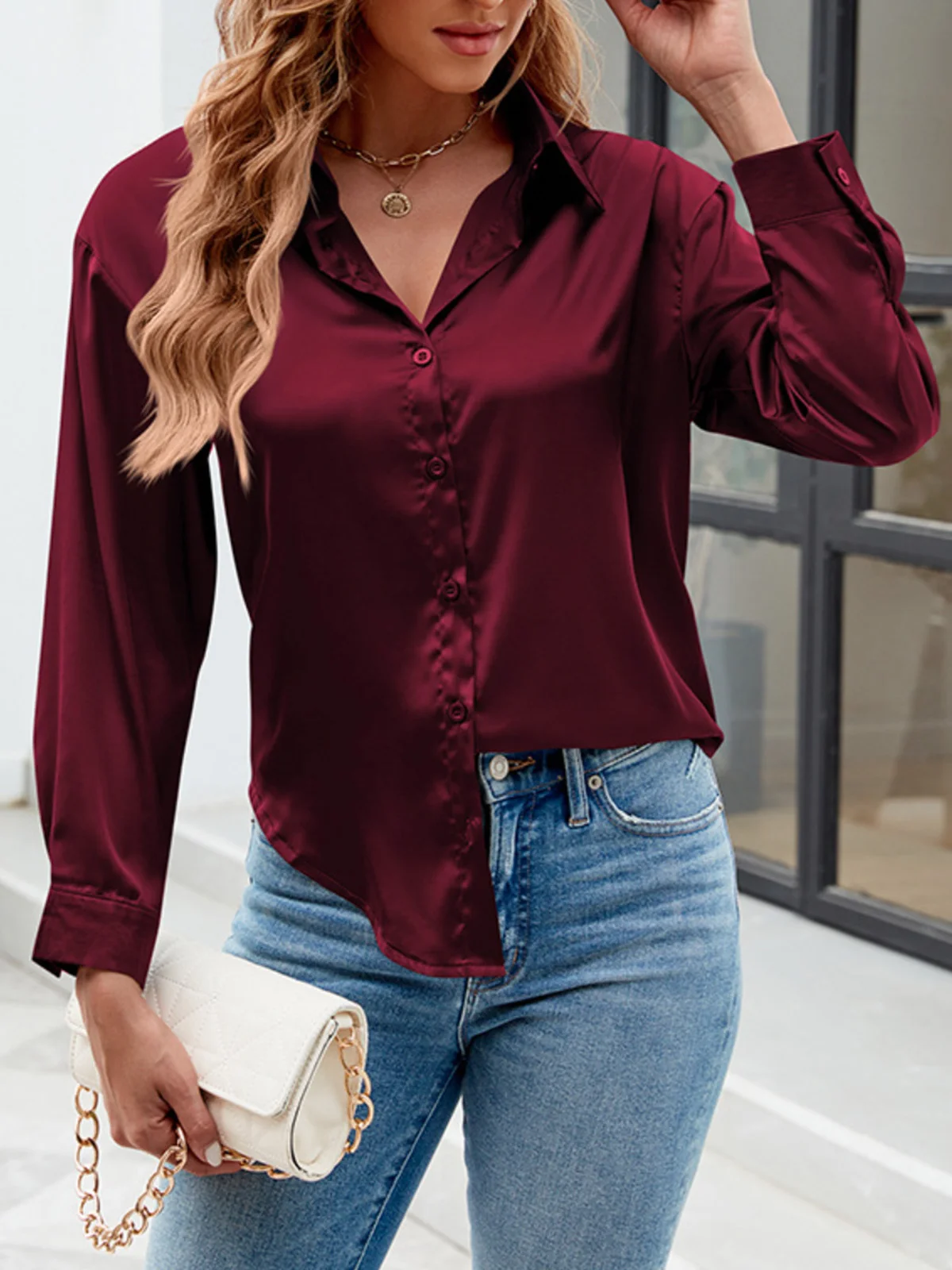 Women's Long Sleeve Shirt Spring/Fall Plain Buckle Shirt Collar Daily Going Out Casual Top Black