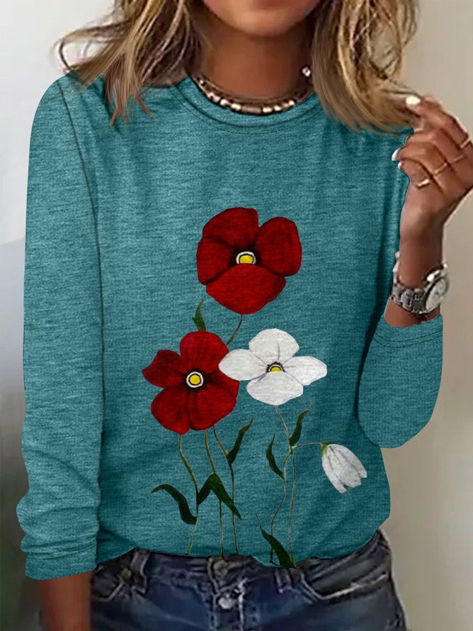 Women's Long Sleeve Tee T-shirt Spring/Fall Floral Cotton Crew Neck Daily Going Out Casual Top