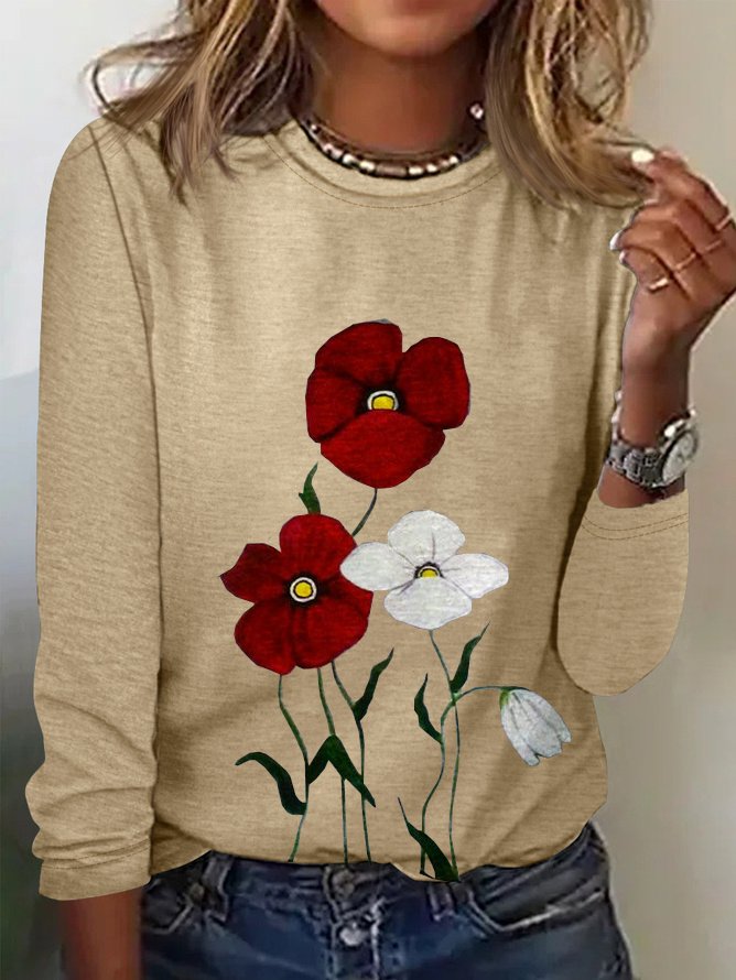 Women's Long Sleeve Tee T-shirt Spring/Fall Floral Cotton Crew Neck Daily Going Out Casual Top