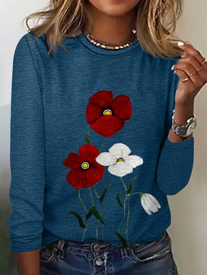 Women's Long Sleeve Tee T-shirt Spring/Fall Floral Cotton Crew Neck Daily Going Out Casual Top