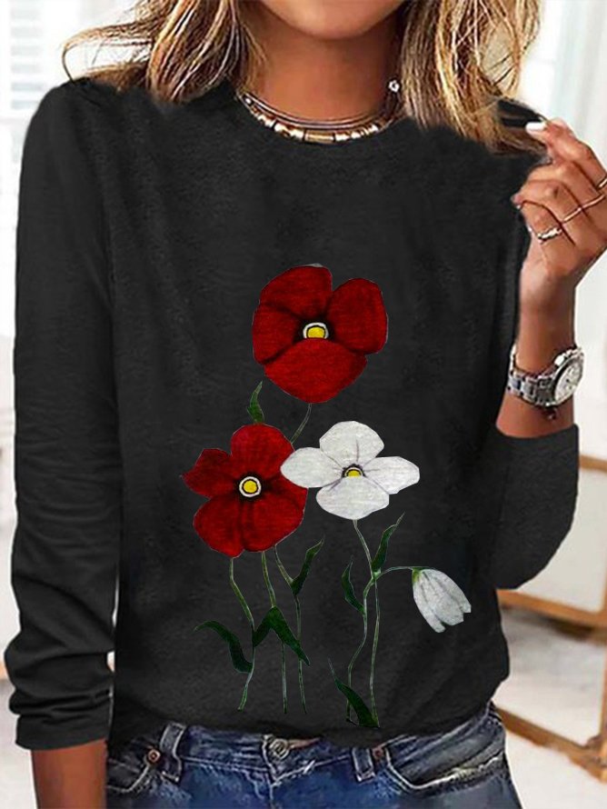 Women's Long Sleeve Tee T-shirt Spring/Fall Floral Cotton Crew Neck Daily Going Out Casual Top