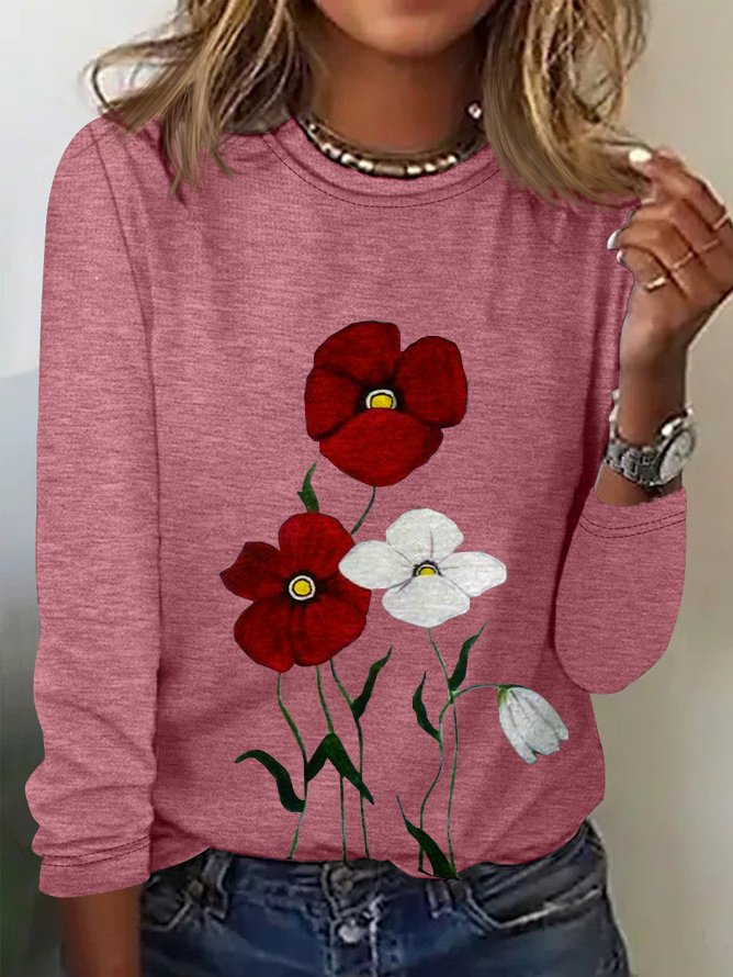 Women's Long Sleeve Tee T-shirt Spring/Fall Floral Cotton Crew Neck Daily Going Out Casual Top