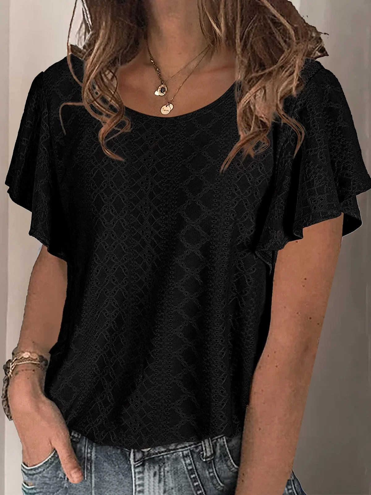 Women's Short Sleeve Tee T-shirt Summer Plain Lace Lace Crew Neck Daily Going Out Casual Top Black