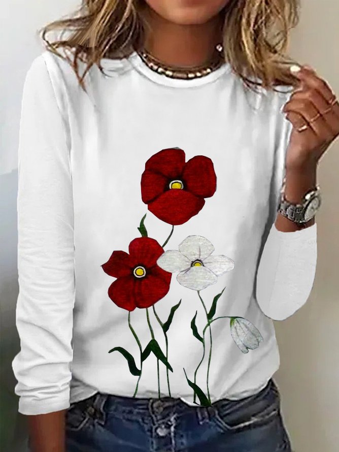 Women's Long Sleeve Tee T-shirt Spring/Fall Floral Cotton Crew Neck Daily Going Out Casual Top