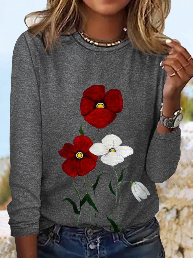 Women's Long Sleeve Tee T-shirt Spring/Fall Floral Cotton Crew Neck Daily Going Out Casual Top