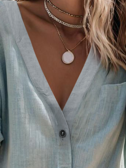 Women's Short Sleeve Shirt Summer Gray Plain Cotton Blouse Collar Daily Casual Top