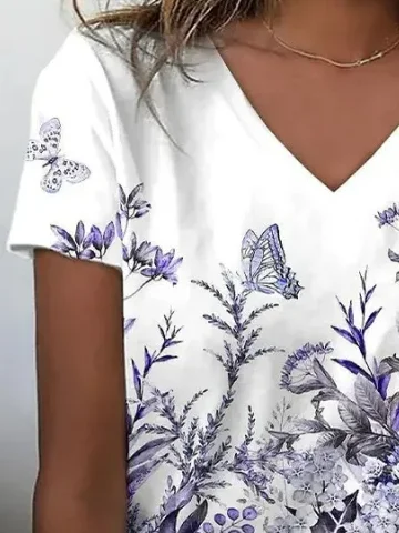 Women's Short Sleeve Tee T-shirt Summer Floral V Neck Daily Going Out Casual Top Purple