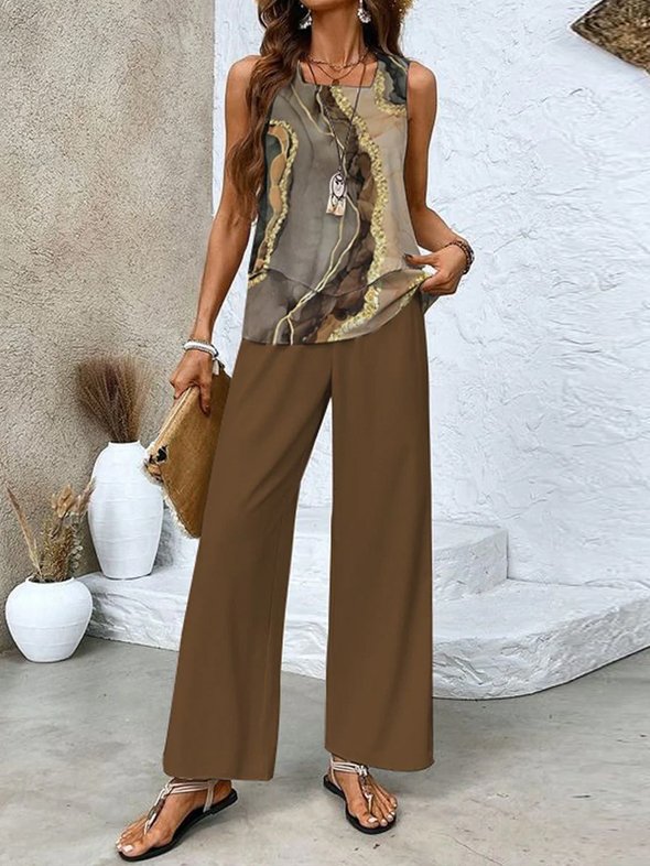 Women's Abstract Daily Going Out Two Piece Set Sleeveless Casual Summer Top With Pants Matching Set Brown