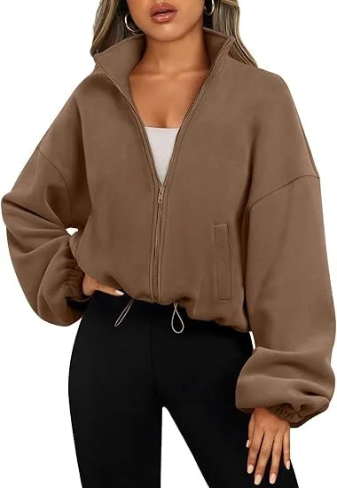 Women's Winter Outerwear Casual Plain Half Sleeve Stand Collar Fleece Coat