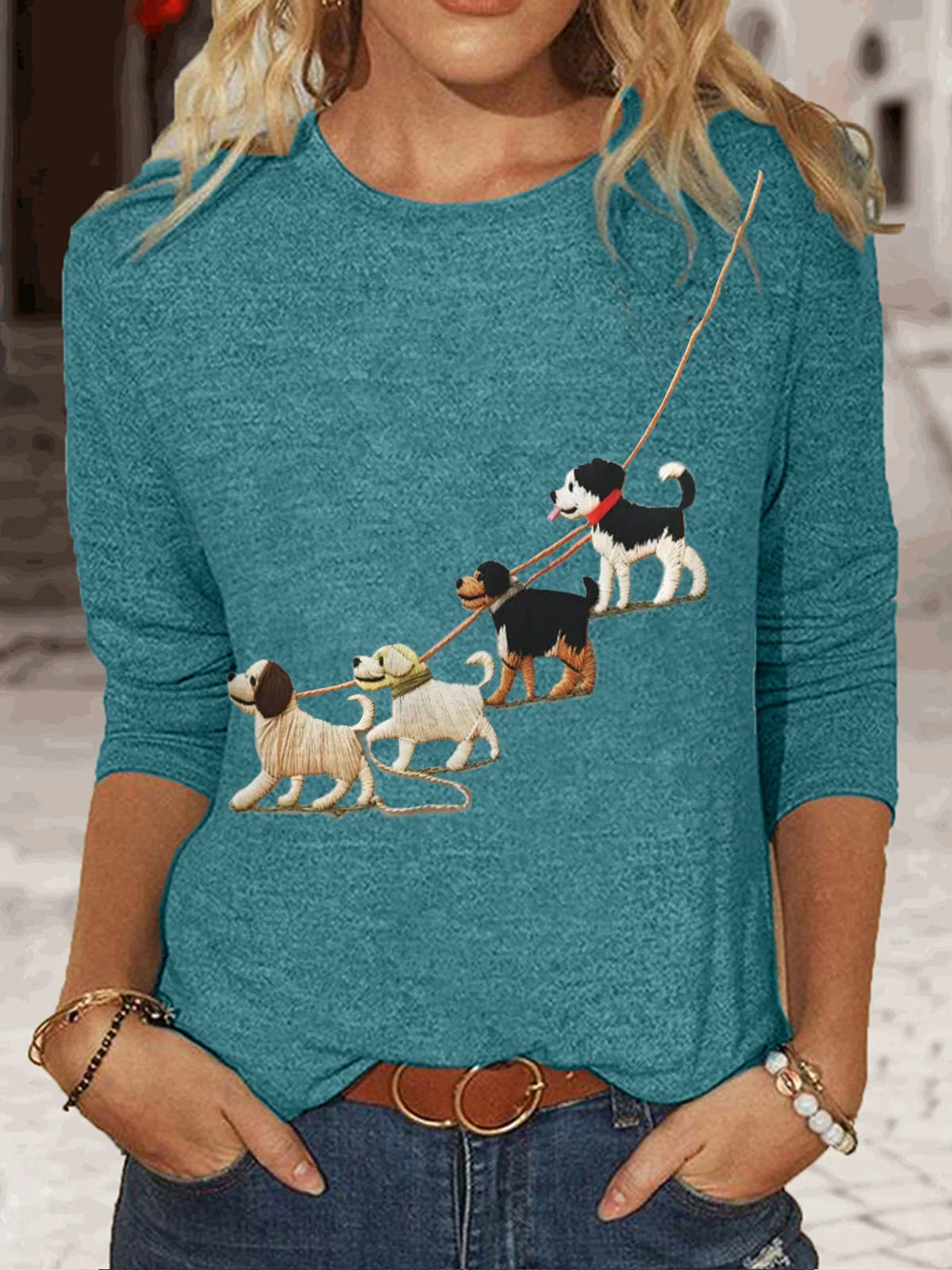 Women's Long Sleeve Tee T-shirt Spring/Fall Dog Cotton-Blend Crew Neck Daily Going Out Casual Top