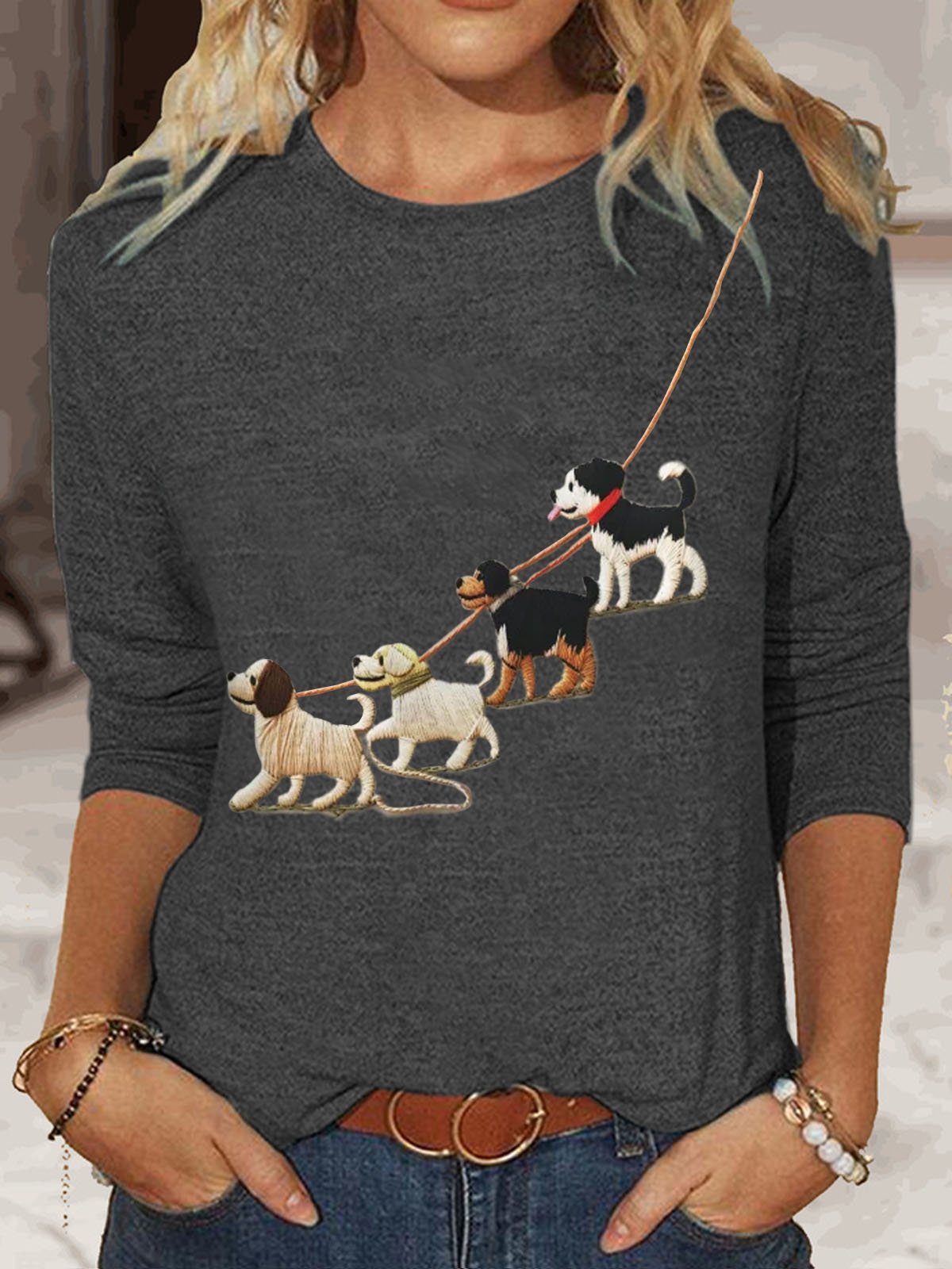 Women's Long Sleeve Tee T-shirt Spring/Fall Dog Cotton-Blend Crew Neck Daily Going Out Casual Top